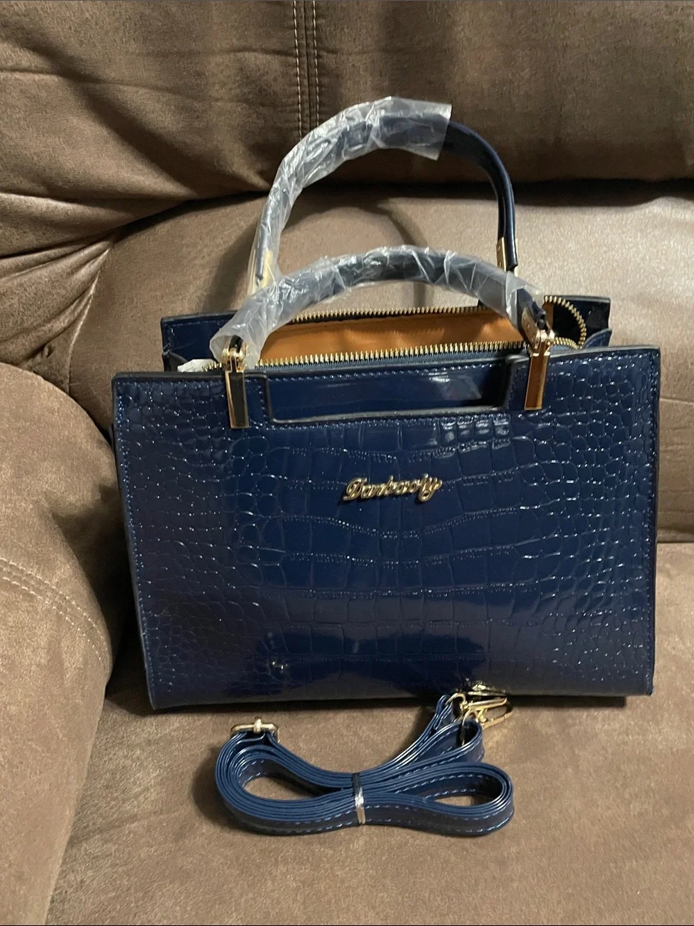 Croc-Embossed Navy Top-Handle Satchel with Removable Strap